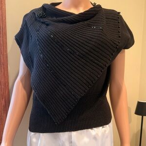 Vintage Organically Grown Black Ribbed Asymmetrical Knit Top Beaded Size L